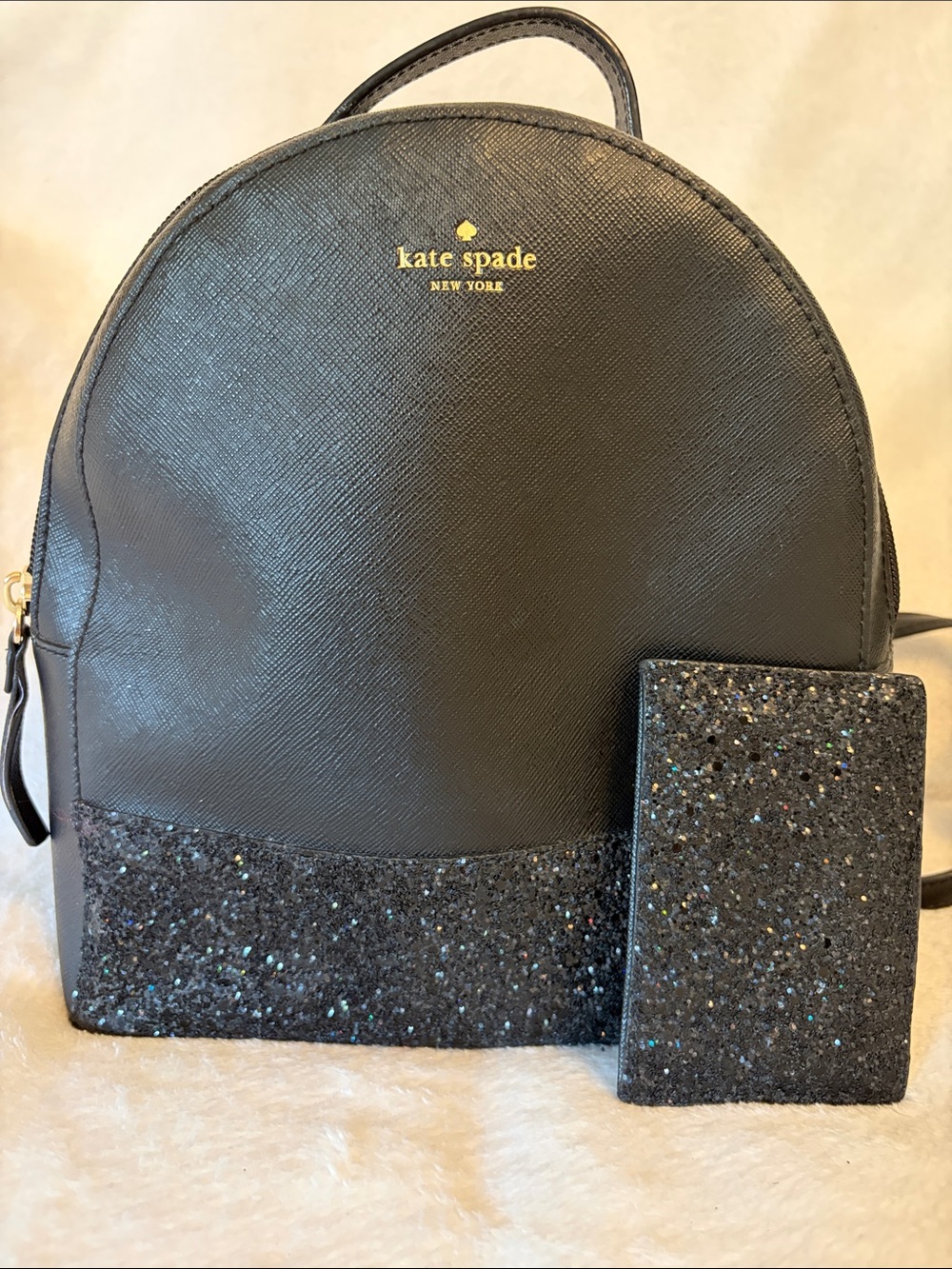 kate spade Black Saffiano Leather Backpack with Glitter Base and Card Holder
